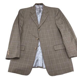 Hart Schaffner Marx Blazer Men 40R Tan Blue Windowpane Plaid Gold‎ Trumpeter USA